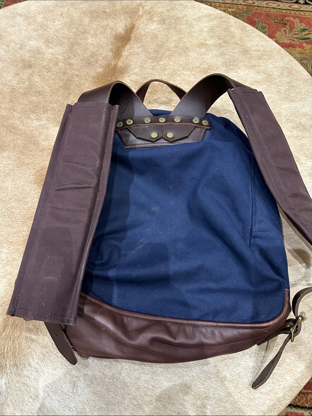 Duluth Pack Navy and Brown Canvas Backpack with Leather Front Pocket. Made ๐บ๐ธ - Picture 3 of 9